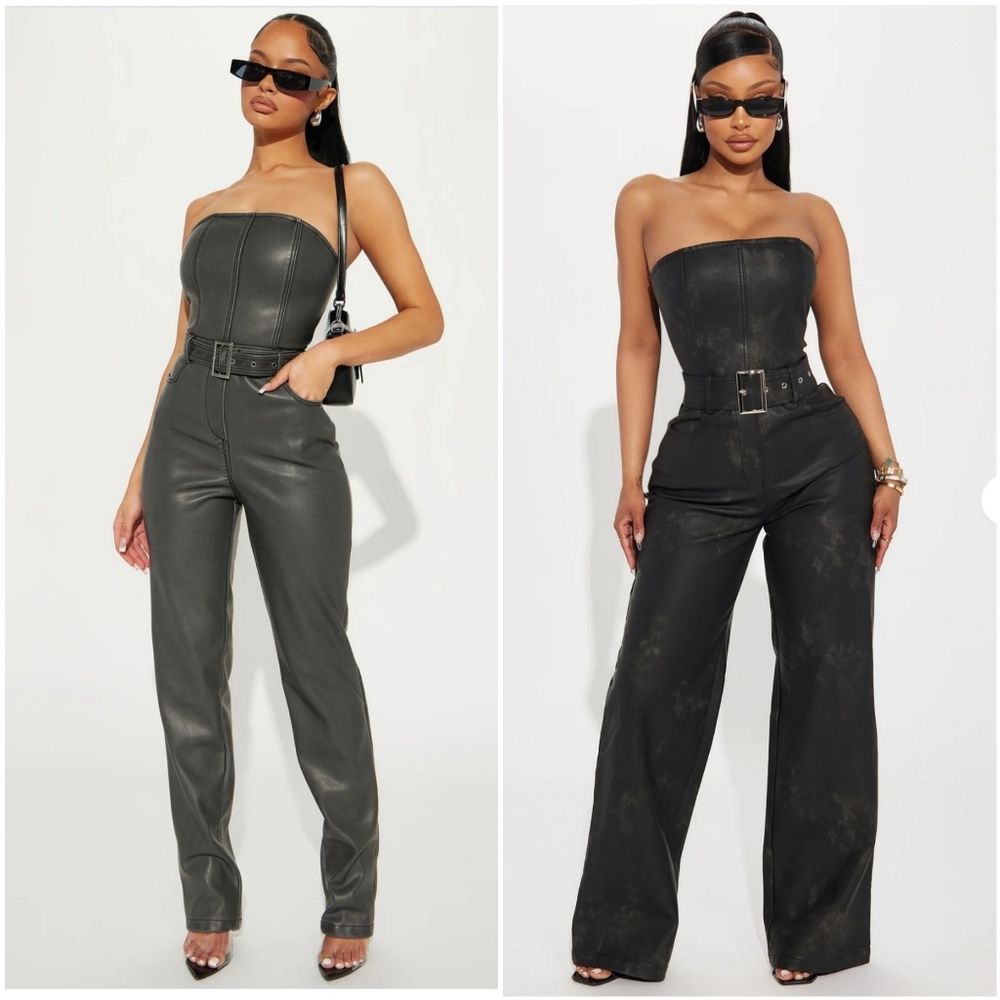 Fashion Nova Bundle: 2 Faux Leather Strapless Belted Jumpsuits. Size Medium